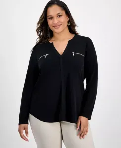 Однотонный топ с V-образным вырезом и длинными рукавами размера плюс JM Collection, черный