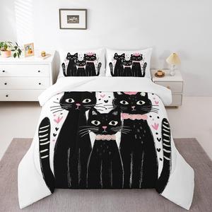 Erosebridal Комплект постельного белья Cartoon Cat Family с рисунком черных котят и сердечек, Black Pink