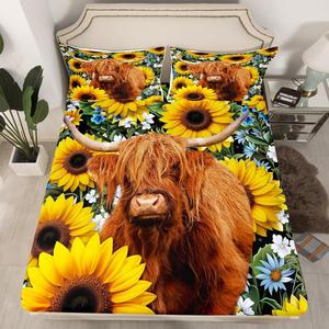 Erosebridal Комплект постельного белья Highland Cow с принтом быков и подсолнухов в деревенском стиле, Multi 06