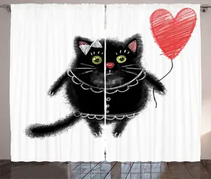 Штора ABAKUHAUS Котенок с воздушным шаром в форме сердца в деревенском стиле, универсальная тесьма для гостиной с петлями и крючками, 280 x 225 см, цвет: темно-серый, темно-коралловый Abakuhaus