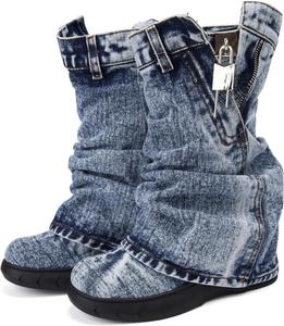 Женские джинсовые ковбойские сапоги вестерн с отворотом, средний голень, на платформе с клиновидным каблуком, с молнией, круглым носком и замком, винтажные сапожки на широкую икру USRUNOE, Blue