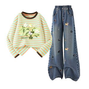Детская повседневная спортивная одежда Disney, Di Chao Flower Gold Tinge+Solid Color Denim Blue