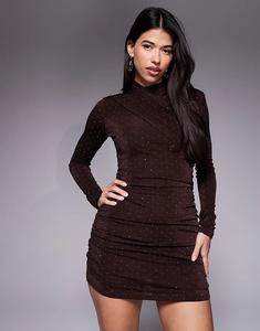 Мини-платье со съемными подплечниками Ruched & Ready, декорированное высоким воротом и драпировкой спереди, шоколадно-коричневого цвета