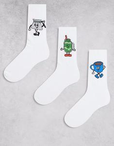 3 пары носков с изображением персонажей матча в белом цвете Asos Design