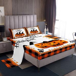 Erosebridal Комплект постельного белья Halloween с оранжевыми огнями, ведьмовскими шляпами, летучими мышами и тыквами в черную клетку, Multi 36