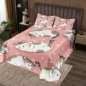 Erosebridal Комплект постельного белья Kids Cat с милыми розовыми котиками в стиле кавай, мультяшный дизайн для девочек, Pink Gray