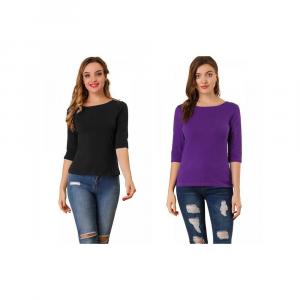 2 упаковки женских классических футболок узкого кроя с рукавами до локтя и вырезом «лодочка» ALLEGRA K, цвет Black Deep Purple