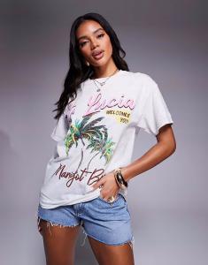 Футболка бойфренда с пальмой River Island St.Lucia серого цвета