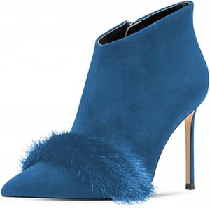 Женские модные ботильоны YDN с мехом на высоком каблуке-стилет, заостренным носком, боковыми молниями, плюшевые короткие ботинки, теплые модные туфли для платья, размеры US 4-16, Blue
