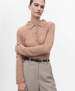 Женский ажурный вязаный свитер с высоким воротником-поло MANGO, Medium Brown