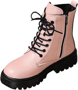Женские Ботильоны на Шнуровке Водонепроницаемые Кожаные Ботинки с Низким Каблуком и Амортизирующей Подошвой, Ботинки с Глубокой Подошвой, Стиль Combat Generic, Pink