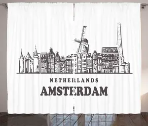 Штора ABAKUHAUS Amsterdam Rustic, Горизонт города в Нидерландах, присборенная тесьма для спальни с петлями и крючками, 280 x 225 см, цвет: темно-серо-белый Abakuhaus