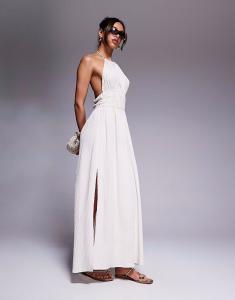 Длинное платье River Island с воротником-халтер и сборками в каменном цвете