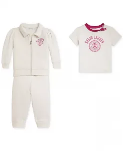 Комплект из флиса, штанов и хлопковой футболки для девочек Polo Ralph Lauren, белый