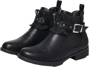Dengweisi Женские черные водоотталкивающие кожаные ботильоны с боковой молнией и заклепками | Ботильоны Челси на низком каблуке 3,3 см для женщин, удобные, легко надеваются, повседневная и нарядная обувь для осени