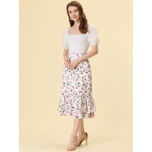 Женская юбка-миди с эластичной резинкой на талии и оборками на талии с цветочным принтом ALLEGRA K