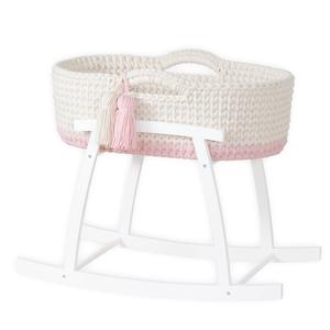 Колыбелька для куклы - Корзина Моисей (КРЕМОВЫЙ И СВЕТЛО-РОЗОВЫЙ) с матрасом, комплектом постельного белья, бахромой + белая деревянная основа Like Moses