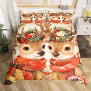 Erosebridal Комплект постельного белья с новогодним принтом оленей и конфетных тростников, Brown Red