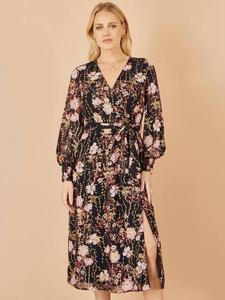 Платье миди с фольгированным цветочным принтом и запахом Yumi