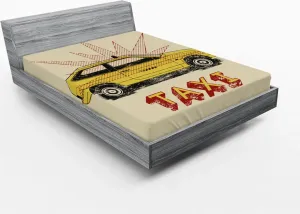 Простыня на резинке ABAKUHAUS в стиле ретро, поп-арт, винтажное такси с эффектом грязи, рисунок автомобиля, 180 x 200 см, бежево-желтый, рубиновый Abakuhaus