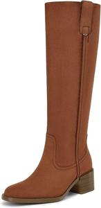Женские сапоги до колена с массивным каблуком, круглым носком, кожаные лакированные сапоги с низким квадратным каблуком и боковой молнией ITOZER, Suede Brown