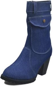 Hhhchpm Денимовые ботильоны для женщин с заостренным носком, массивным высоким каблуком, джинсового синего цвета, короткие до середины голени с боковой молнией