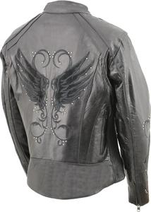 Женская байкерская куртка Milwaukee Motorcycle из черной кожи с декоративными элементами в виде крыла и заклепками, с карманом для пистолета (размер L, стандартный).