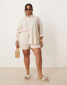 Шорты-без застежки ASOS DESIGN Curve из льняного кроя в цвете «камень»