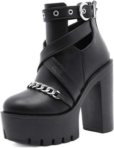 Женские модные ботильоны YIYA с платформой, массивным каблуком, декором в виде цепочки, застежкой-молнией, боевые готические ботинки, черные