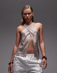 Атласный топ-халтер ASOS DESIGN с запахом спереди, грибной расцветки