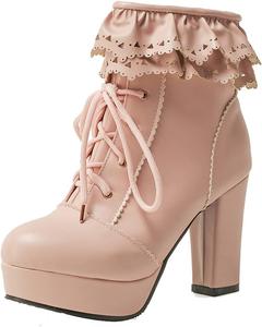 Женские модные ботильоны VOKLIN на высокой платформе с оборками, с круглым носком, шнуровкой и высоким каблуком, короткие праздничные ботинки, Pink-Velvet Lined