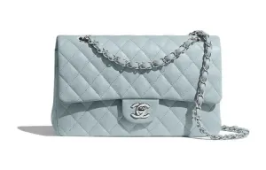 CHANEL 21K Winter Classic Flap CF Calfskin Flap Bag, сумка через плечо, кроссбоди Medium Women's Light Blue