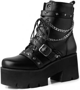 Женские готические панк-бутсы Shinelly на платформе с массивным каблуком, ботильоны на шнуровке с круглым носком, с заклепками, байкерские, с ремешками, цепочкой и молнией, 2Chain1Buckleblack