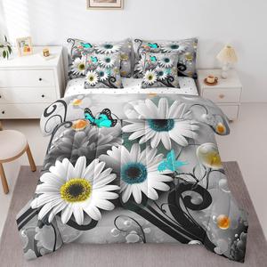 Erosebridal Комплект постельного белья Daisy с цветочным принтом и бабочками, включает комфортер, простыни и наволочки, Grey Teal Yellow