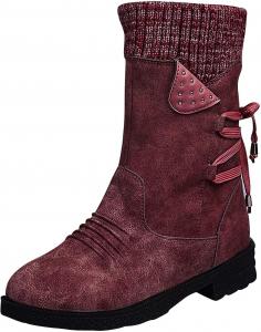 Женские зимние ботинки oiangi 2022 модные, с круглым носком, шнуровкой, боковой молнией, с шерстяными вставками, теплые, с низким блочным каблуком, средней высоты, однотонные, повседневные вестерн-ботинки, Wine