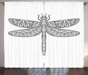 Штора ABAKUHAUS "Стрекоза" в деревенском стиле, с цветочным рисунком и насекомыми, универсальная ленточная штора для гостиной с петлями и крючками, 280 x 225 см, черно-белая Abakuhaus