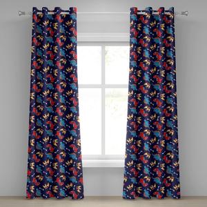 ABAKUHAUS Занавеска с петельками в виде динозавра, три разных мультяшных динозавра с забавными выражениями и детской темой «Кости», декоративные оконные шторы с 2 панелями, 280 см x 260 см, оранжевый, синий, красный