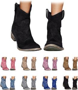 Женские западные ковбойские сапоги, низкие замшевые ботильоны на невысоком каблуке, с круглым носком и массивным каблуком, короткие сапожки для ковбойского стиля на осень и зиму Generic, Black