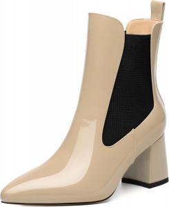 Женские ботильоны с высоким массивным каблуком, заостренным носком, из лакированной кожи, элегантные классические модные короткие ботинки на осень-зиму, каблук 2,5 дюйма DEMOSHINE, Beige