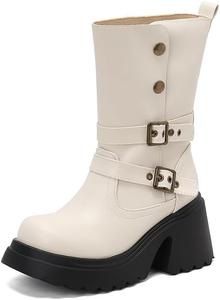 Женские ботинки на боковой пряжке, с квадратным носком, мотоботинки SHEOMSIE, White