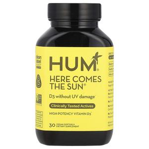 HUM Nutrition, Here Comes The Sun, высокоэффективный витамин D3, 50 мкг, 30 веганских мягких таблеток