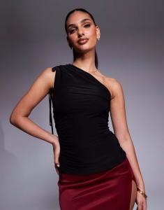 Эксклюзивный двухслойный топ Kaiia на одно плечо с завязкой черного цвета