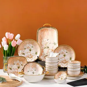 Ceramics Набор посуды Vintage Camellia на 10 персон: миски, тарелки и палочки для еды в подарочной коробке, 42 предмета