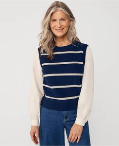 Женский жилет-свитер Drifter Shaker с пуговицами на плечах и рукавами из поплина Lands' End, Deep sea navy/champagne stripe