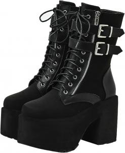 Женские массивные ботильоны на высоком каблуке с толстой платформой, боевые ботинки с круглым носком, шнуровкой и ремешком с пряжкой, готическая зимняя обувь Uniquelly, Black