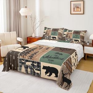 Erosebridal Комплект постельного белья Hunting Bear Deer в клетку Buffalo Plaid, деревенский стиль кантри с тематикой леса, Multi 43
