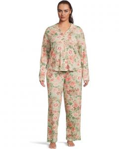 Женский комплект для сна Karen Neuburger Plus Size Vintage Dreams с длинным рукавом, топом с V-образным вырезом и длинными брюками с пико, Forest Rose