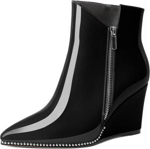 Женские ботильоны на танкетке Zamikoo с вырезом V, серебристой отделкой бусинами, танкетка Chelsea, на молнии сбоку, из лакированной кожи, для женщин, 3,5 дюйма