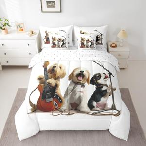 Erosebridal Комплект постельного белья Kid Dog с принтом гитары и милых мопсов, White Brown Black
