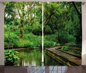 Шторы ABAKUHAUS Jungle Rustic, Дикий экзотический лесной пирс, универсальные ленточные шторы для гостиной с петлями и крючками, 280 x 245 см, цвет: охотничье-зеленый, коричневый Abakuhaus